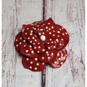 Joan Rivers Brooch Classic Red Enamel‎ Polka Dot Flower Signed Vtg Style